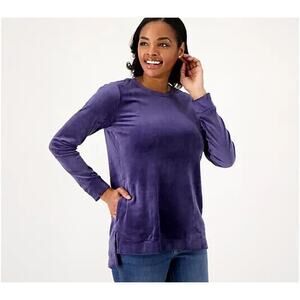 DENIM & CO. NEW $45 Printed Velour‎ Pullover w/ Hi-Low Hem Navy PS